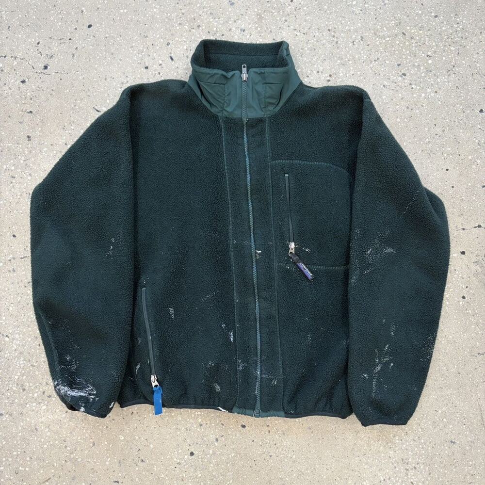 Vintage 90s Patagonia Green Paint Full Zip Fleece